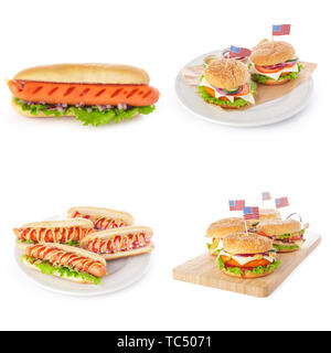 Junk fast food collage di hamburger, sandwich e hot dog isolati su sfondo bianco Foto Stock