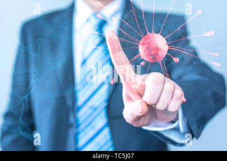 Imprenditore toccando cellula nervosa su schermo virtuale Foto Stock