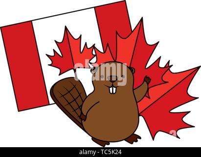 Beaver con la bandiera canadese e Foglia di acero Illustrazione Vettoriale