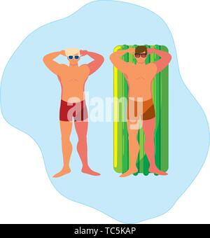 Giovani uomini con il costume da bagno e materasso galleggiante in acqua illustrazione vettoriale design Illustrazione Vettoriale