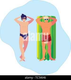 Giovani uomini con il costume da bagno e materasso galleggiante in acqua illustrazione vettoriale design Illustrazione Vettoriale