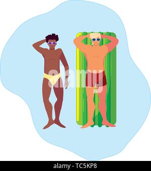 Interracial uomini con il costume da bagno e materasso galleggiante in acqua illustrazione vettoriale design Illustrazione Vettoriale