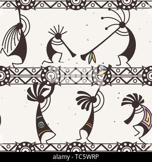 Disegnata a mano Kokopelli seamless pattern. Stilizzata personaggi mitici suonando i flauti. Arte vettoriale per la stampa. design, carte, i bambini e i libri da colorare, Illustrazione Vettoriale