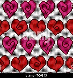 Seamless knitting motivo decorativo con abstract cuori per il giorno di San Valentino vettore come una texture di tessuto Illustrazione Vettoriale