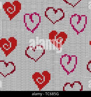 Seamless knitting motivo decorativo con vari cuori per il giorno di San Valentino vettore come una texture di tessuto Illustrazione Vettoriale