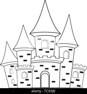 Grande castello medievale icona cartoon in bianco e nero Illustrazione Vettoriale