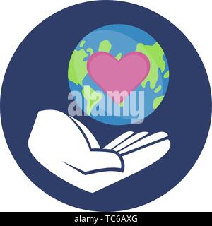 Mano umana supporta cartoon globo terrestre con amore il simbolo. Il concetto di progettazione per adesivo, banner, stampa poster. Illustrazione Vettoriale