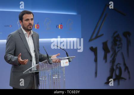 Madrid, Spagna. 05 Giugno, 2019. Conferenza stampa di zquierda Unida, Alberto GarzÃ³n al congresso dopo un incontro con il re Felipe VI. Credito: CORDON PREMERE/Alamy Live News Foto Stock