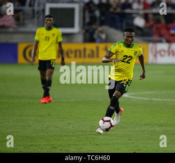 Washington DC, Stati Uniti d'America. 5 Giugno, 2019. Il giamaicano Nazionale Maschile centrocampista (22) Devon Williams durante un amichevole internazionale partita di calcio tra gli Stati Uniti Nazionale Maschile e il giamaicano nazionale maschile in campo Audi a Washington DC. Justin Cooper/CSM/Alamy Live News Foto Stock