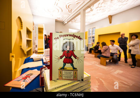 12 maggio 2019, Assia, Frankfurt/Main: un libro 'De Struwwelpedder uf Hessisch" è stata pubblicata nel 'Struwwelpeter-Museum' a Francoforte la nuova città vecchia. Foto: Andreas Arnold/dpa Foto Stock