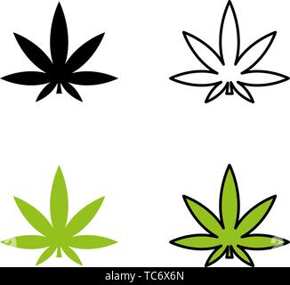 La Cannabis impostare le icone nel piatto, glifo, contorno e stile cartoon, illustrazione vettoriale su sfondo bianco. Illustrazione Vettoriale