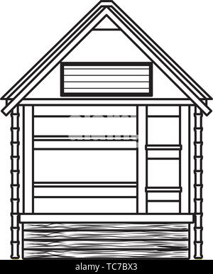 Spiaggia chiosco multimediale in legno costruire casa in bianco e nero Illustrazione Vettoriale