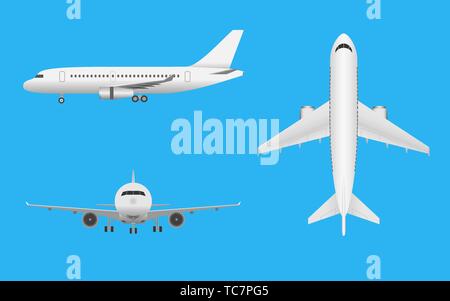 Vettore aereo. In aereo in tutti i punti di vista. Aereo di linea nel lato anteriore e parte superiore su sfondo blu Illustrazione Vettoriale