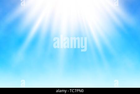 Splende il sole sul cielo blu. Nuvole bianche e luminose dei raggi solari. Caldo giorno d'estate. Realistico illustrazione vettoriale Illustrazione Vettoriale