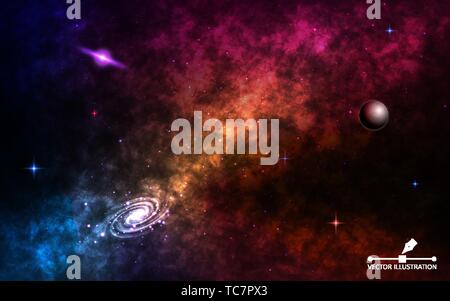 Sfondo spazio realistico. Cosmo con Stardust e stelle lucenti. Galassia a spirale con planet, la via lattea e la nebulosa colorati. stratificato sfondo cosmico Illustrazione Vettoriale