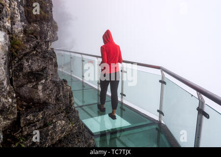 Giovane donna camminando sul cielo di vetro a piedi a Tianmen Mountain, percorso in fuga molto pesante di foschia, nebbia o invertite cloud, Zhangjiajie, Hunan, Cina Foto Stock