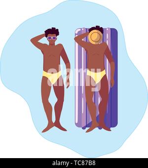 Afro uomini con il costume da bagno e materasso galleggiante in acqua illustrazione vettoriale design Illustrazione Vettoriale