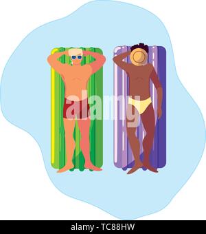 Interracial uomini con il costume da bagno e materasso galleggiante in acqua illustrazione vettoriale design Illustrazione Vettoriale