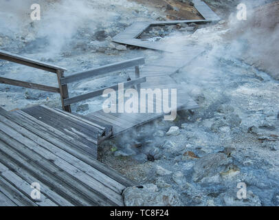 Percorso di legno attraverso il fango per la cottura a vapore di fori in corrispondenza di Seltun è isola Foto Stock