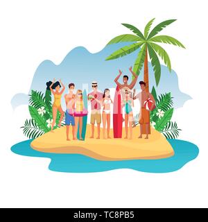 Estate spiaggia e persone in vacanze cartoni animati Illustrazione Vettoriale