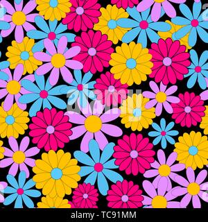 Fiori - seamless pattern. Semplice multi-colore di boccioli di fiori su uno sfondo nero. Brillanti colori contrastanti. Illustrazione Vettoriale