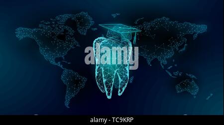 L'E-learning distanza medicina dentale certificato di laurea il concetto di programma. Bassa poli 3D render cappuccio di graduazione dente mappa Mondo modello di pagina di intestazione. Internet Illustrazione Vettoriale