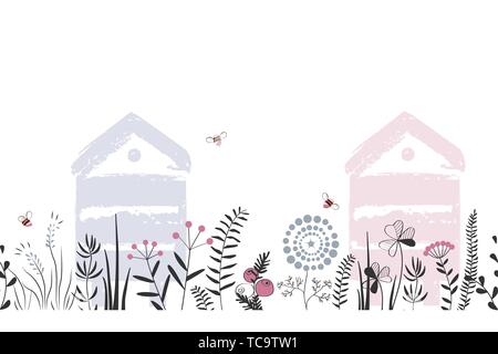 Natura del vettore senza cuciture con sfondo disegnato a mano le erbe selvatiche, fiori e foglie sul bianco. Doodle stile floreale fumetto illustrazione. Vettore Illustrazione Vettoriale