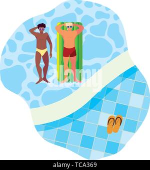 Interracial uomini con il costume da bagno e materasso galleggiante in acqua illustrazione vettoriale design Illustrazione Vettoriale