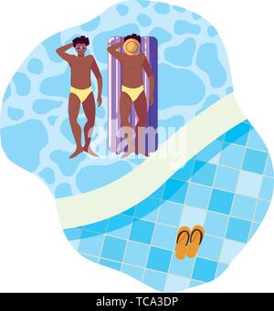 Afro uomini con il costume da bagno e materasso galleggiante in acqua illustrazione vettoriale design Illustrazione Vettoriale