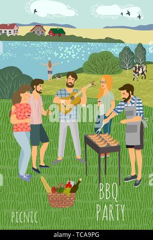 Il Picnic. Carino piana verticale illustrazione vettoriale di Le Mans e womans in appoggio sul prato contro lo sfondo del paesaggio rurale . Disegno di han Illustrazione Vettoriale