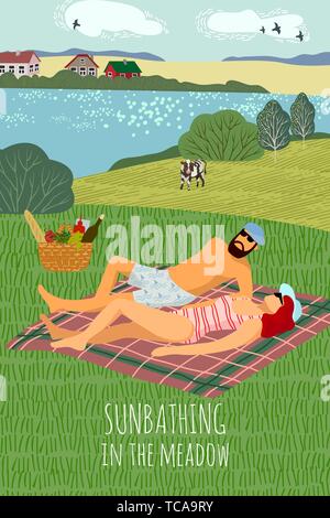 Carino appartamento vettore illustrazione verticale con un uomo e una donna e prendere il sole sulla natura. Giovane giacente sul copriletto, cane e foodbasket su un picnic Illustrazione Vettoriale