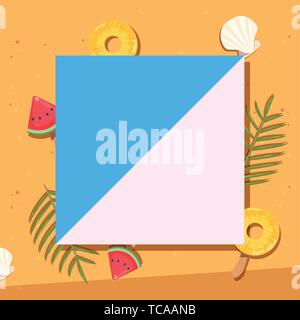 Orario estivo holiday badge anguria ananas lascia shell illustrazione vettoriale Illustrazione Vettoriale