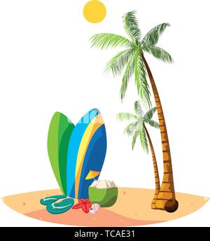 Estate spiaggia con palme e tavole da surf scena illustrazione vettoriale design Illustrazione Vettoriale