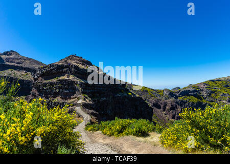 Una panoramica di alcuni turisti salendo le scale di pietra in 'Pico Areeiro' percorso, l'isola di Madeira, Portogallo. Foto Stock