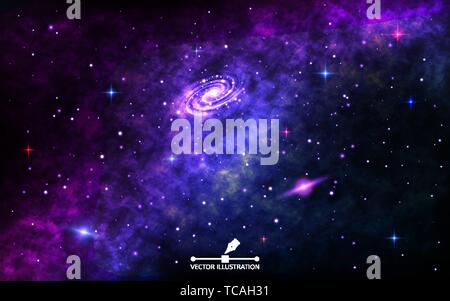 Sfondo spazio. Sfondo cosmico con nebulosa. Spazio esterno con luminosi galassia a spirale, Stardust e stelle lucenti. Cosmo realistico con la via lattea Illustrazione Vettoriale
