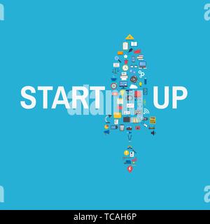 Startup business concetto. Illustrazione creativa con rucola e icone di business. Progetto di avvio del concetto. Design piatto, illustrazione vettoriale su sfondo blu Illustrazione Vettoriale