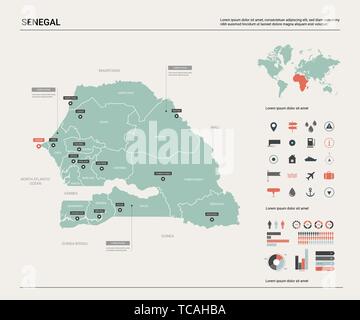 Mappa vettoriale del Senegal. Mappa del paese con la divisione, la città e la capitale Dakar. Mappa politico, mappa del mondo, elementi infografico. Illustrazione Vettoriale