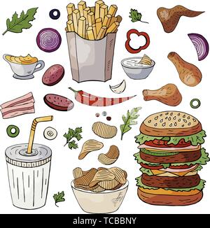 Set di fast food elementi colore sandwich, hamburger, spuntini isolati su sfondo bianco. Illustrazione Vettoriale