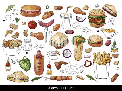 Grande set di fast food elementi colore sandwich, hamburger, spuntini isolati su sfondo bianco. Illustrazione Vettoriale