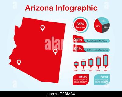 Stato dell Arizona (USA) Mappa con set di elementi infografico in colore rosso alla luce dello sfondo. Informazioni moderno elemento di grafica per il tuo design. Illustrazione Vettoriale