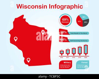 Stato del Wisconsin (USA) Mappa con set di elementi infografico in colore rosso alla luce dello sfondo. Informazioni moderno elemento di grafica per il tuo design. Illustrazione Vettoriale