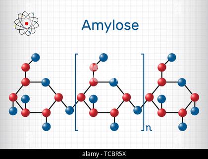 Molecola di amilosio. Si tratta di un polisaccaride e di uno dei due componenti di amido. Formula chimica di struttura e la molecola modello. Foglio di carta in un Illustrazione Vettoriale