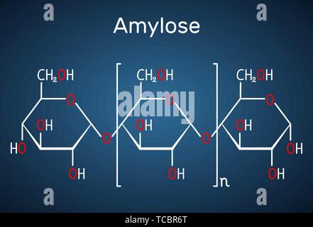 Molecola di amilosio. Si tratta di un polisaccaride e di uno dei due componenti di amido. Formula chimica di struttura su sfondo blu scuro. Vector illu Illustrazione Vettoriale