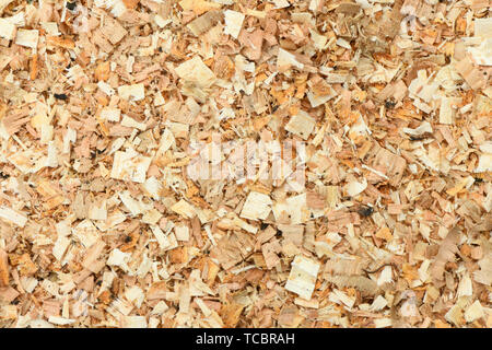 Una fresca di cui strato di ampio giardino corteccia Woodchips. Schegge di legno usato come cassetta di sicurezza superficie morbida in un gioco per bambini Parco, Vista dall'alto in basso. Alta risoluzione phot Foto Stock