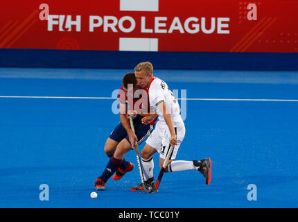 Londra, Regno Unito. Il 6 giugno, 2019. Londra, Inghilterra. 06 giugno: Malte Hellwig della Germania durante il connettore FIH Pro League tra la Gran Bretagna e la Germania a Lee Valley Hockey e il Centro Tennis il 06 giugno 2019 a Londra, Inghilterra. Credit: Azione Foto Sport/Alamy Live News Foto Stock