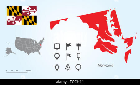 Mappa degli Stati Uniti d'America con lo stato selezionato del Maryland e Maryland bandiera con il localizzatore collezione. Foto Stock