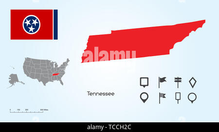 Mappa degli Stati Uniti d'America con lo stato selezionato del Tennessee e Tennessee bandiera con il localizzatore collezione. Foto Stock