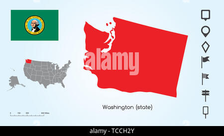 Mappa degli Stati Uniti d'America con lo stato selezionato di Washington e bandiera di Washington con il localizzatore collezione. Foto Stock