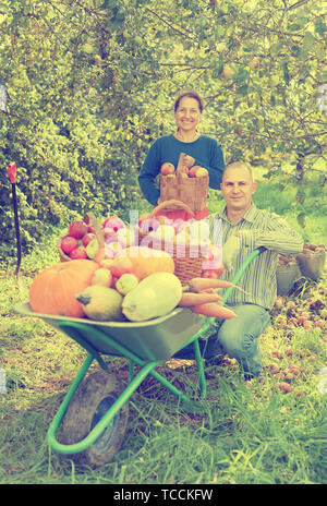 Uomo e donna con colture di ortaggi in giardino Foto Stock