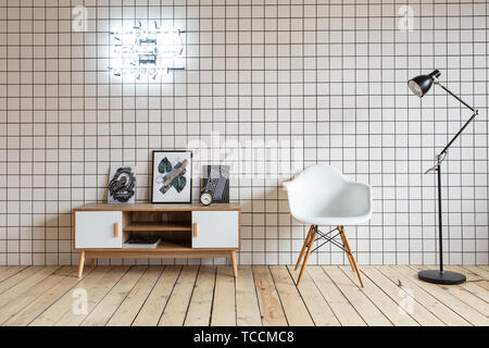 Nizhniy Novgorod, Russia - Aprile 5, 2019: Photo Studio 2.8. Scandinavian-style room con piastrelle sulla parete. Foto Stock